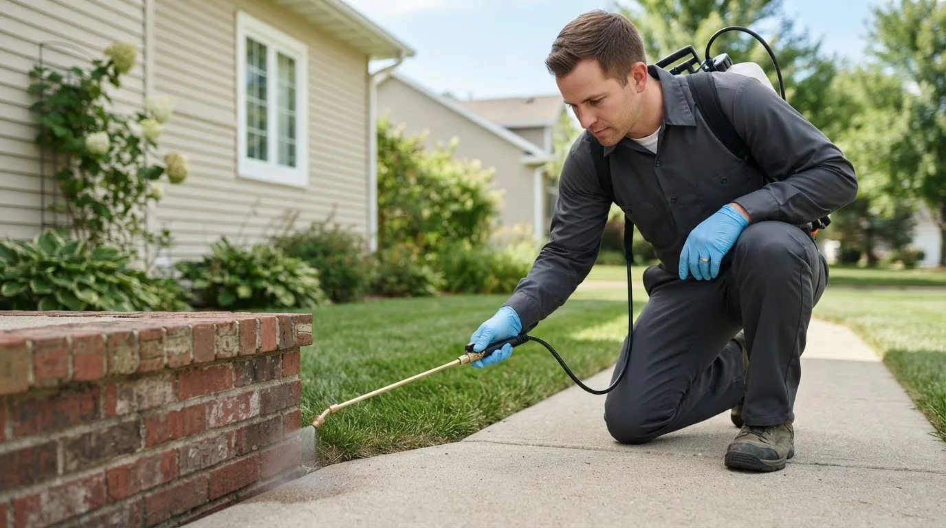 Pest control technician treating a home near Perkinston, MS