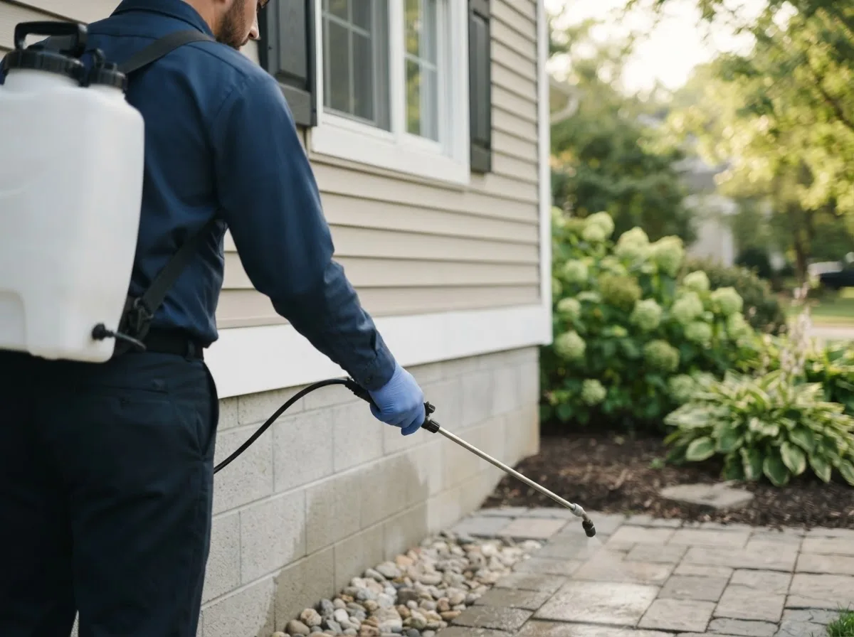 Pest control technician inspecting a home in Perkinston, MS